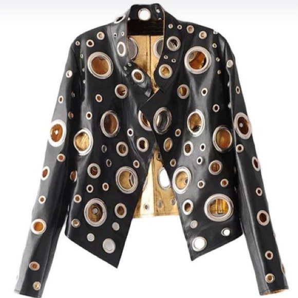 Black Faux Leather Eyelet Jacket - Picture 2 of 7